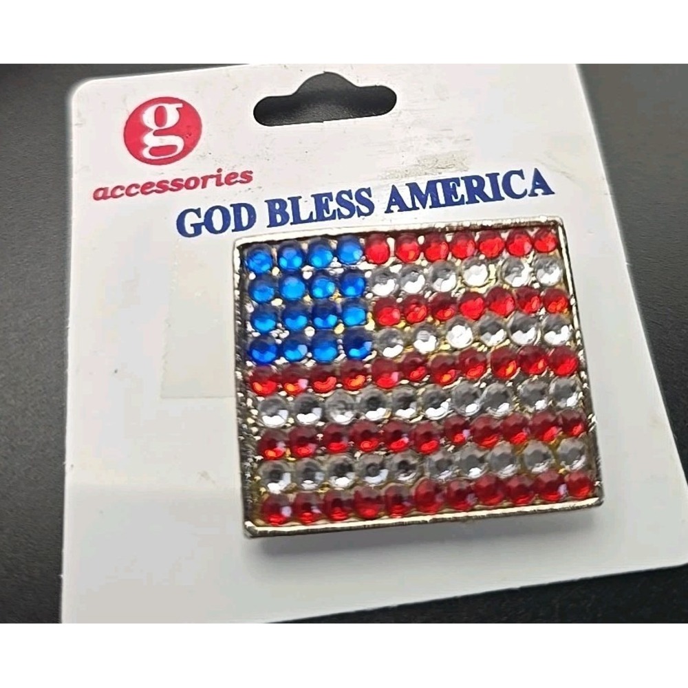 Vintage G USA Flag Brooch Pin Red White & Blue Rhinestones